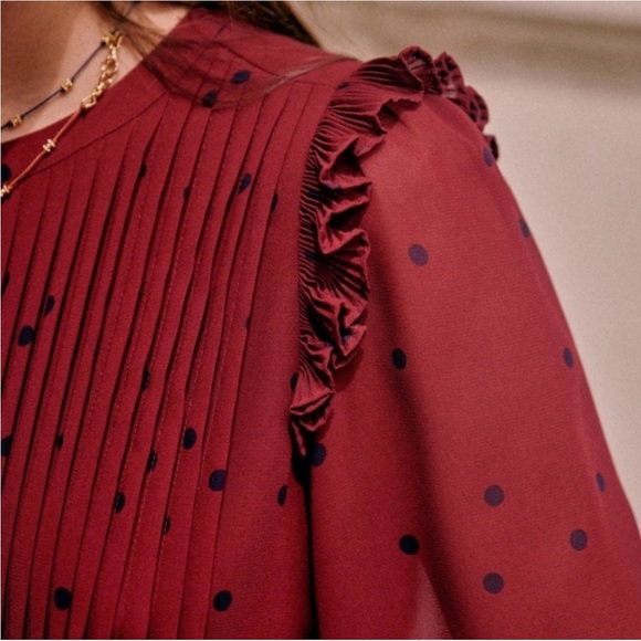 Sezane Eve Dress Plum Navy Blue Polka Dots Pleated Ruffles Long Sleeve 34 US 2 - Picture 3 of 15